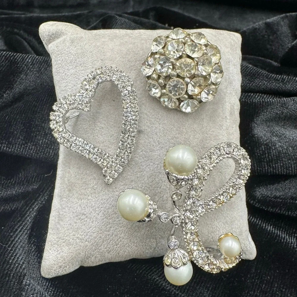 Rhinestone Brooch Set 3 Rhinestone Heart Bow Silver Tone Faux Pearl Wedding Pin